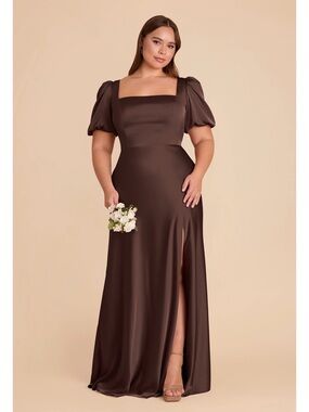 Birdy Grey Satin Square-Neck Puff Sleeve Maxi Dress in Chocolate
